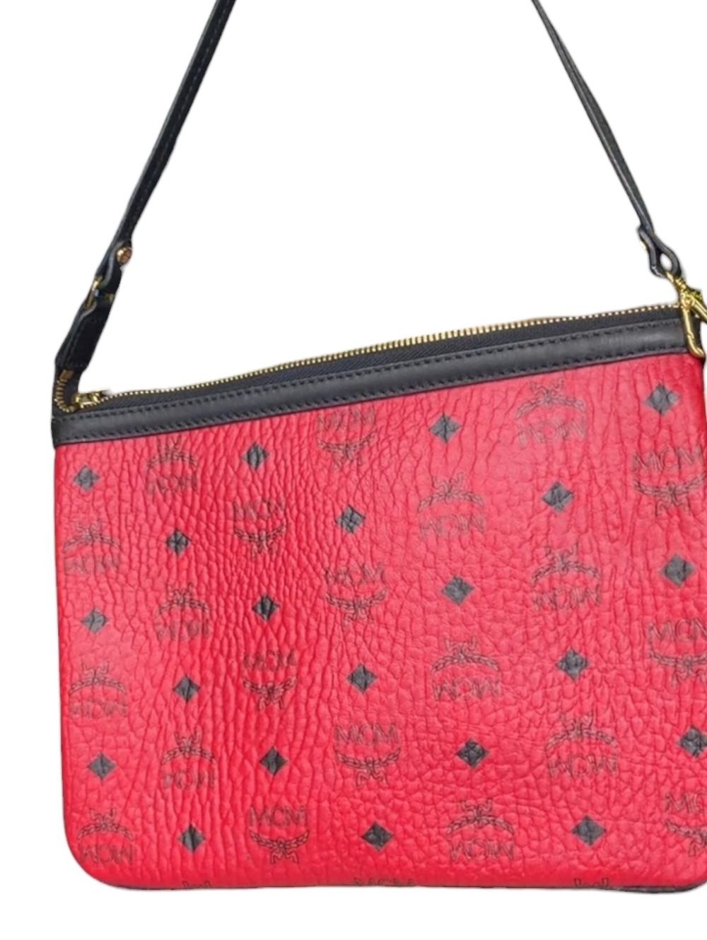 MCM Red Visetos Coated Canvas Zip Wristlet Clutch Pouch Black Trim Gold Hardware - Picture 4 of 10